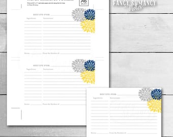 Printable Recipe Card /Blue Yellow Grey PomPom / Instant Download / PRINTABLE / 1152