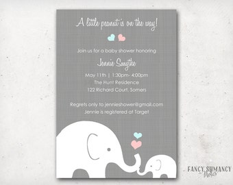 Elephant Baby Shower Invitation, Little Peanut Elephant Pink and Blue Hearts, Gender Neutral Design, PRINTABLE INVITATION #10205