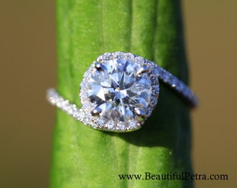 14k White gold - Diamond Engagement Ring - Halo - UNIQUE - Thin Swirl - Pave - Weddings- Luxury- Brides - Bp0013