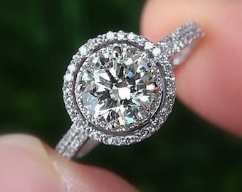 Diamond Engagement Ring -14K white gold - 1.25 carat Round - Double Halo - Pave - Antique Style - Weddings- Luxury - Bp019