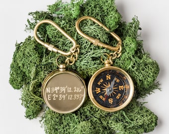 Hand Engraved Small Gold Brass Compass Keychain...Customized with Your Engraving for Free