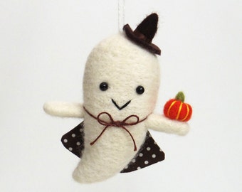 Halloween ghost : needle felted boo ghost ornament - felt orange pumpkin, witch hat and brown cape with dots
