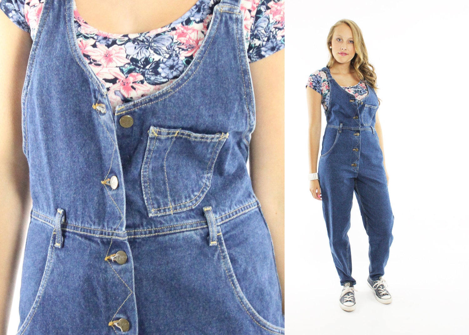 Vintage 80s LEE Overalls Denim Jumpsuit Dark Blue Tapered Leg