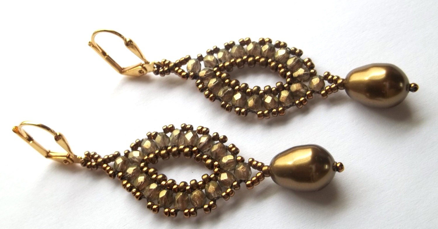 Beaded Woven Earrings in Gold with Pearl Dangle