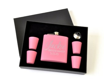 Personalized Flask Set with Shot Glasses Pink Great for Bridal Party Bridesmaid Gift