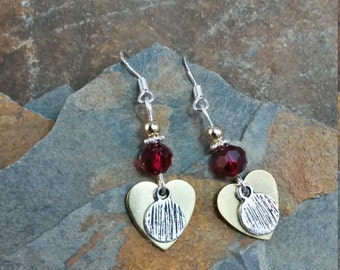Gold Red Heart Sterling Silver Earrings, Gold Silver Red Heart Sterling Earrings, Heart Earrings