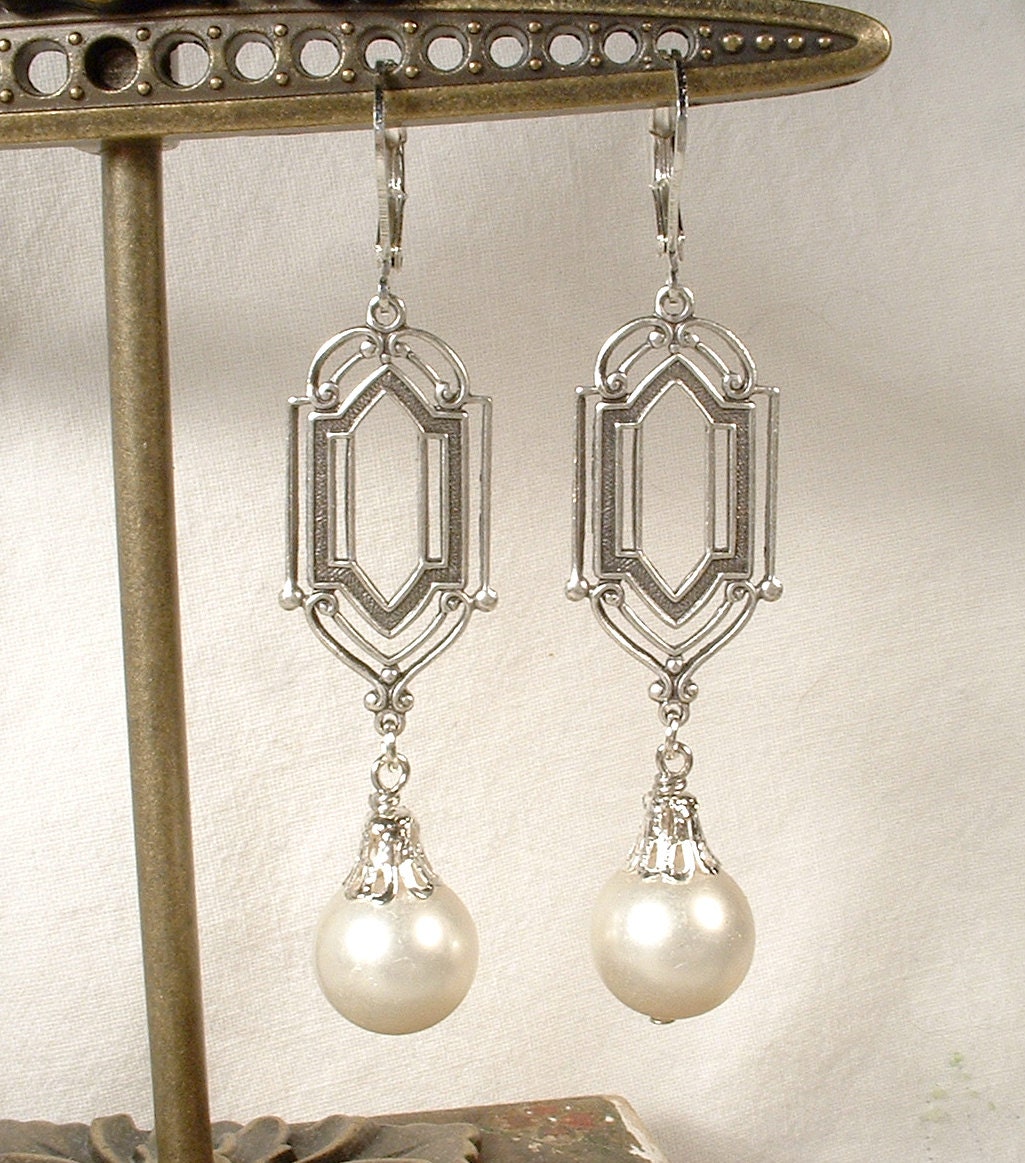 Art Deco Vintage Ivory Pearl Dangle Earrings Long Antique