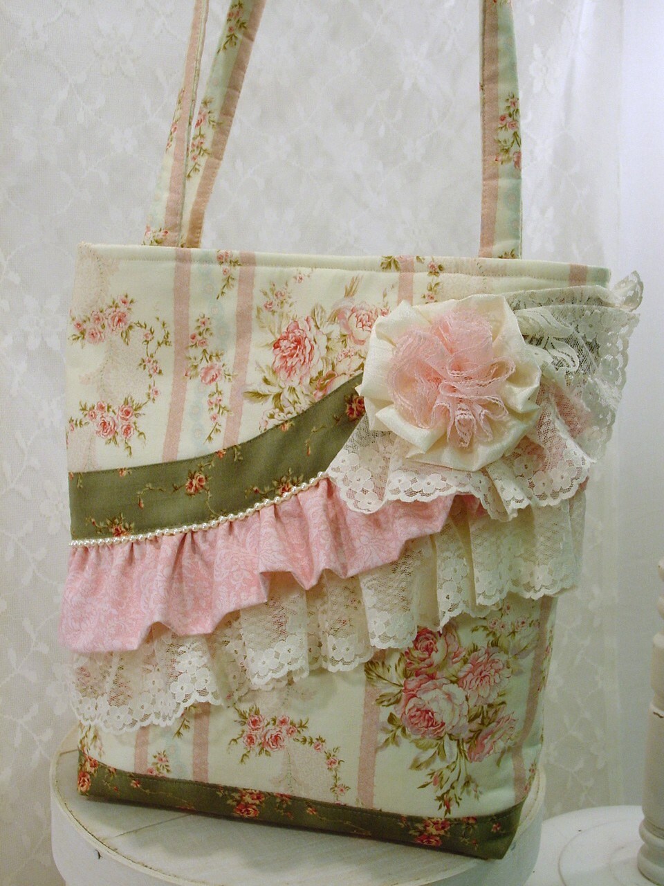 Cottage Rose Shabby Chic Tote Handbagwith layers of by LizBagz