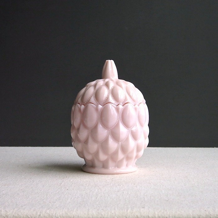 Vintage Pink Milk Glass Covered Candy Jar by BarkingSandsVintage