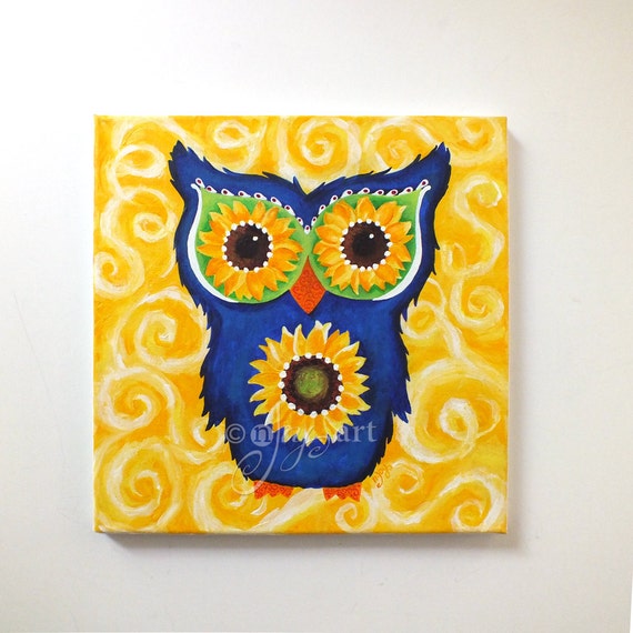 Acrylic Painting Owl with Sunflower Eyes Whimsical Wall Art