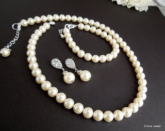 Bridal Pearl Necklace Set Ivory Swarovski Pearls Bridal Classic Necklace Set Bridesmaid Necklace Bracelet Wedding Pearl Necklace Set MAUDREY