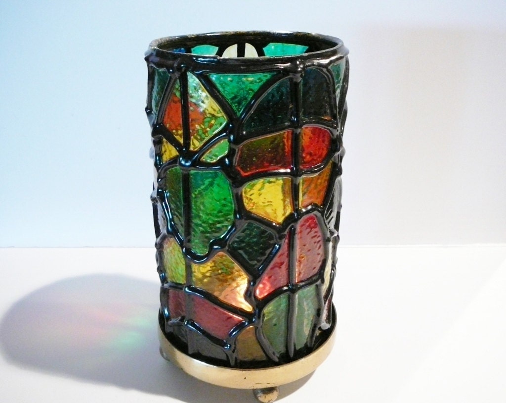 Large Pillar Candle Holder Stained Glass like 60's