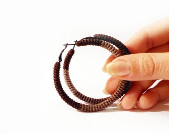 Chocolate Brown Hoop Earrings, Crochet Tube Hoops, Geometric Earrings, Minimalist Jewelry