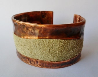 Light Grey Suede Leather and Copper Cuff Bracelet Mens or Womens