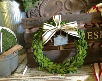 Boxwood Wreath with Striped Ribbon, added galvanized chalkboard tin label.