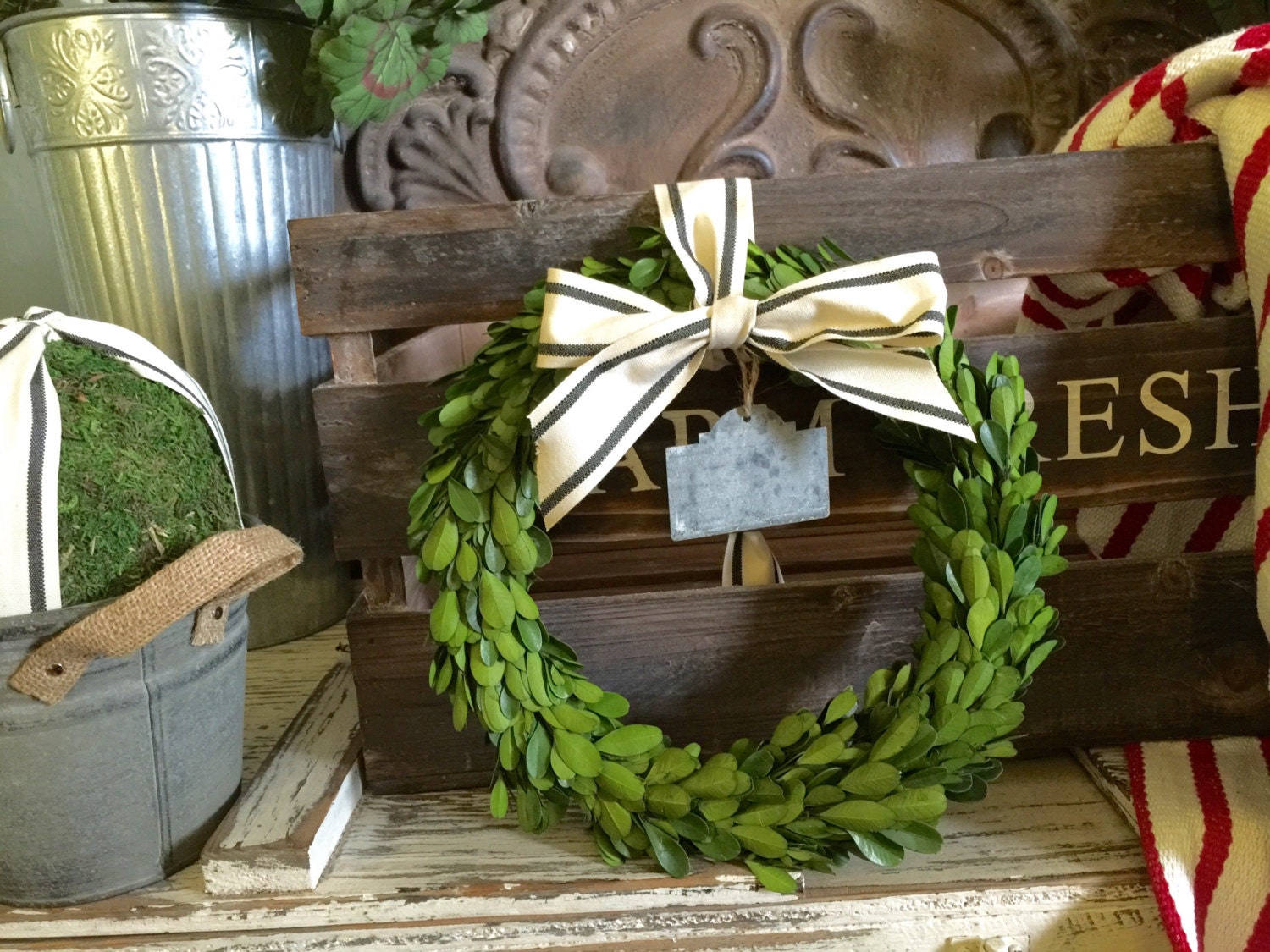 Boxwood Wreath with Striped Ribbon added galvanized
