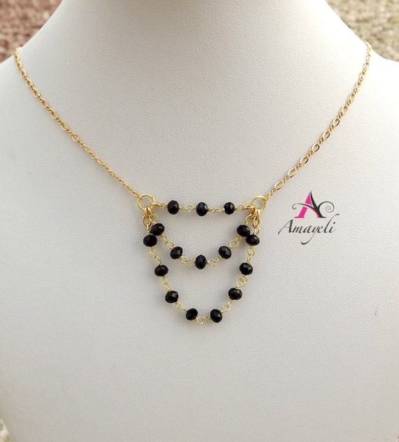 Gold black layered look necklace wire wrapped handmade beaded