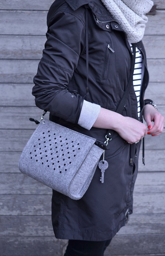Grey felt bag ZipperPocket grey felt clutch crossbody bag