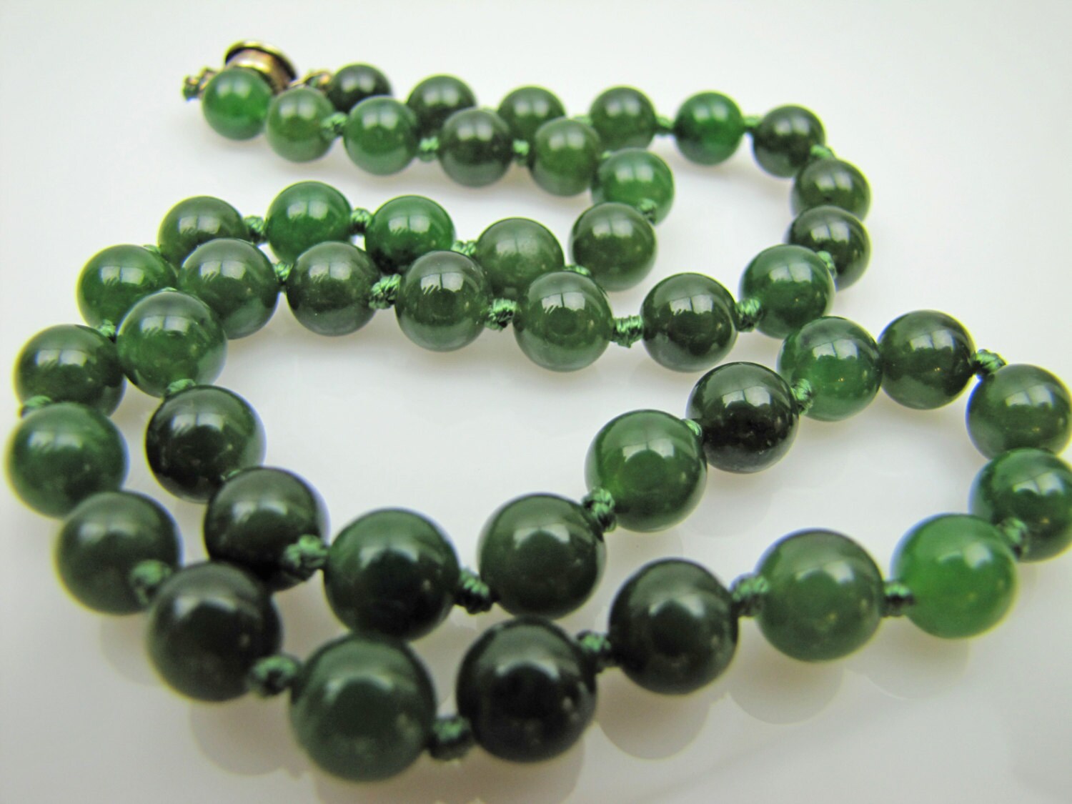 Chinese Nephrite Jade Green Bead Necklace. Hand Knotted Silk.