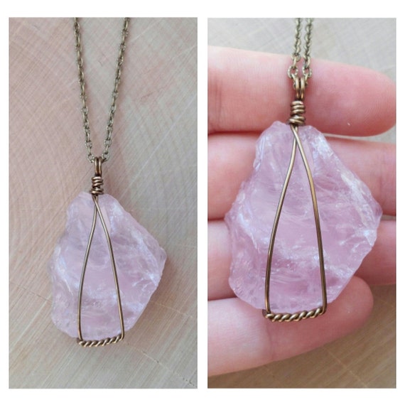 Wire Wrapped Raw Rose Quartz Necklace By Drunkenmermaid On Etsy 2033