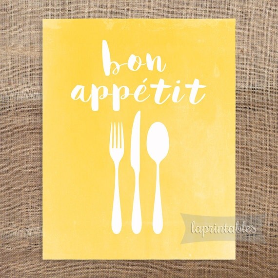 Bon Appetit Printable Yellow Kitchen Art Print by laprintables