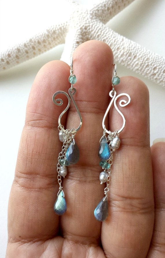 Labradorite Dangle Earrings Paisley Hoop by BellaAnelaJewelry
