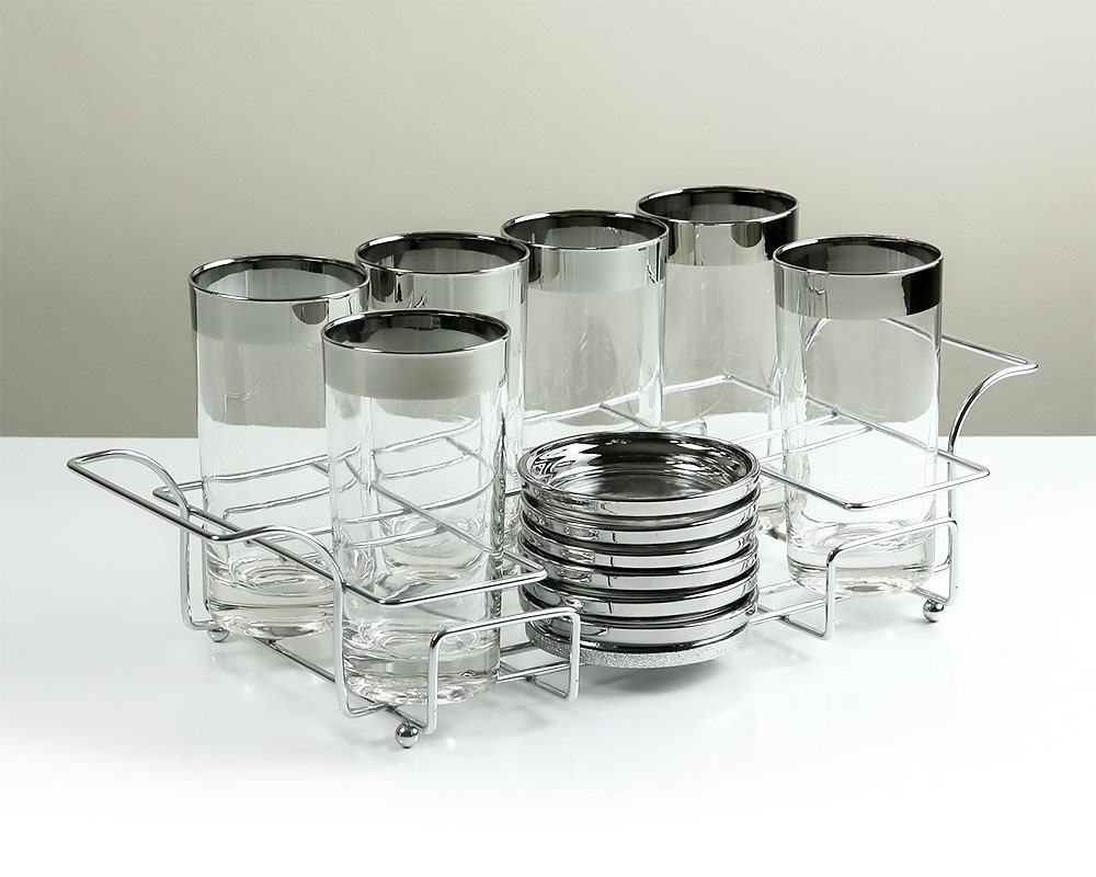 Vintage Silver Band Drinking Glasses Set of Eight 8 with