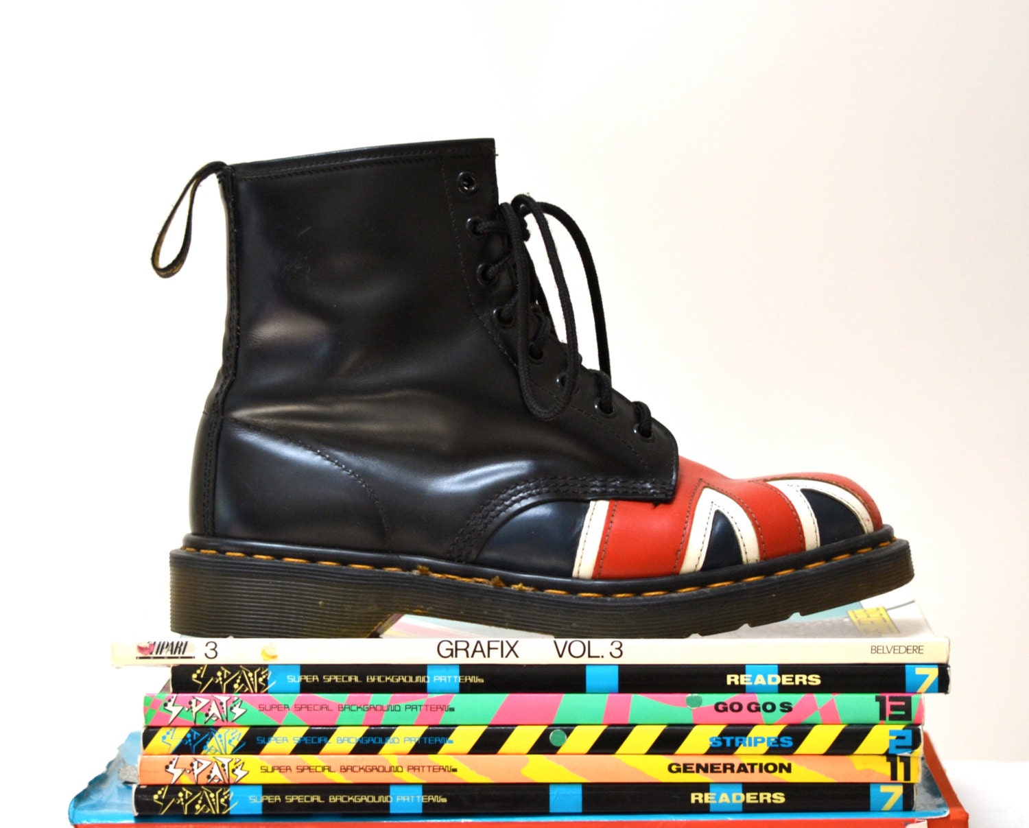 Amazing 90s Black Dr. Martens Boots With Union Jack Flag Size