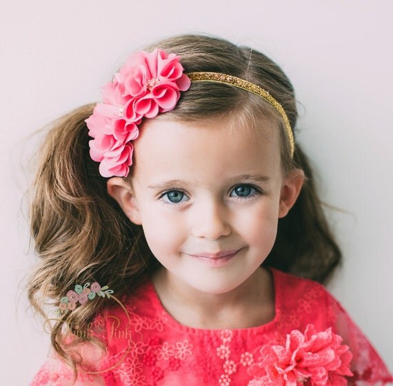 Baby Headband, Gold Pink Headband,Baby Headbands,Flower Headband, newborn headband, baby girl headband, Baby hair bows,Flower Girl Headband by ThinkPinkBows