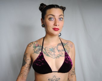 Bikini Swimwear Maroon Crushed Velvet Bikini Top / Triangle Top / Handmade / Made to order / Available in Size S, M, L