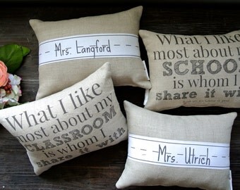 Double Sided Teacher Pillow, Name Pillow, Linen Pillow, Personalized Pillow, End of Year Teacher gift, Teacher Appreciation, Principal Gift