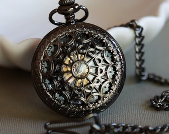 Pocket Watch,Black Personalized Mens Pocket Watch,Mechanical Steampunk Pocket Watch,Pocket Watch Chain,Groom Gift,