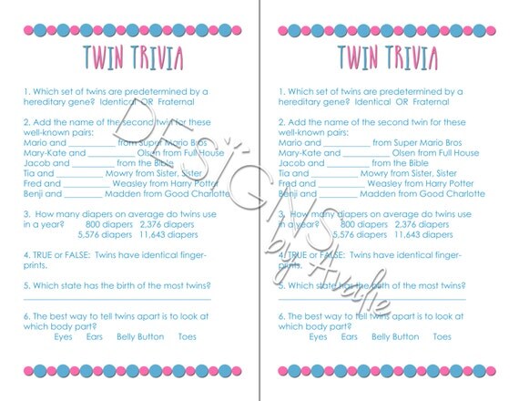 Twin Trivia Baby Shower Game For Boy Girl Twins By DesignsbyAvalie
