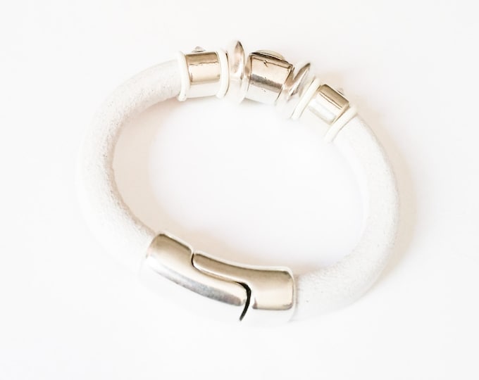 White Leather Bracelet, Leather White Bracelet, White Leather Silver Bracelet, Leather Bracelet, White Leather, White