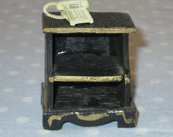 Vintage Doll House Furniture Miniature Black Painted Telephone Stand and Cast Metal Telephone Toy