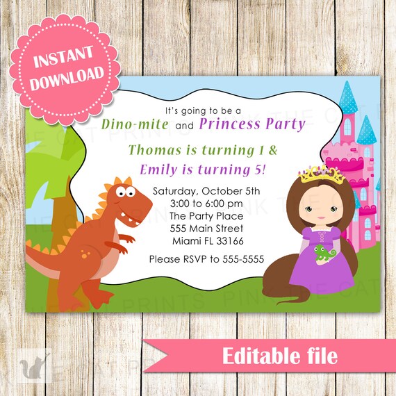 Dinosaur and Princess Invitation Girl Boy Printable