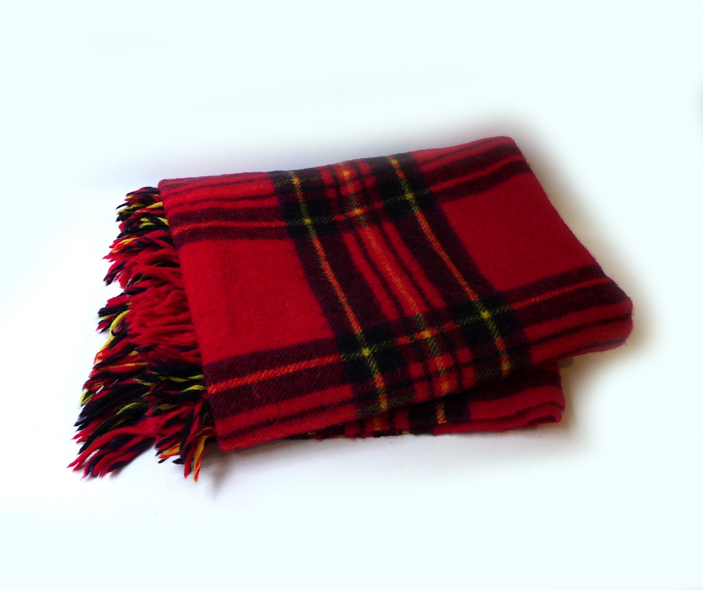Vintage 1970s Waverley wool red tartan plaid picnic rug travel