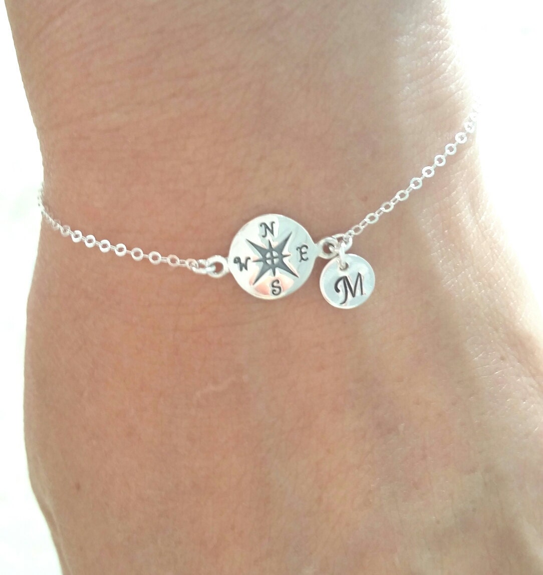 Sterling Silver Compass Initial Bracelet personalized compass