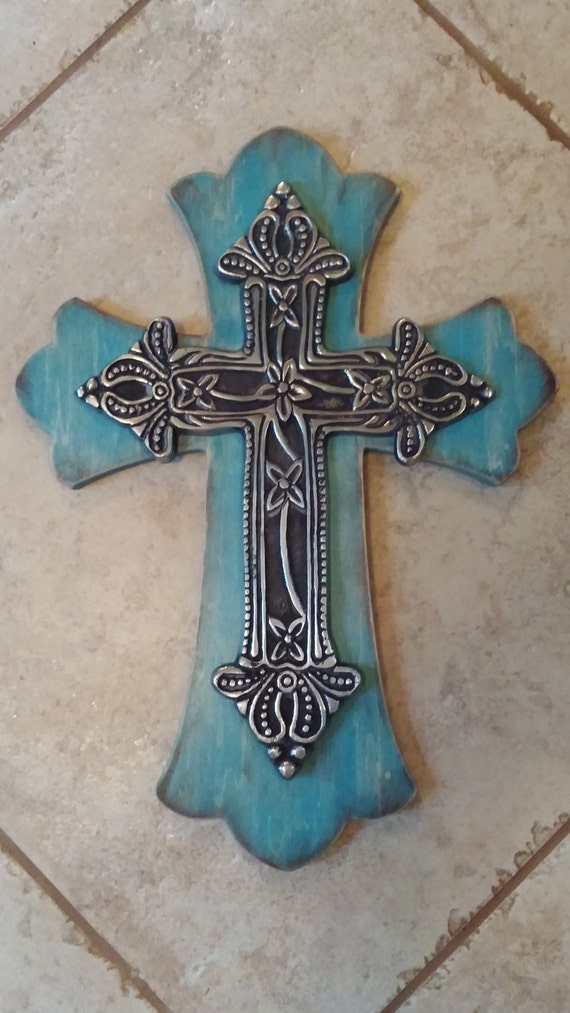 Items similar to Wood Cross 16 x 11.5 Inch Turquoise Cross Wall Cross ...