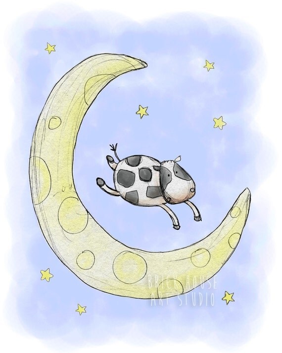 Items similar to Nursery Rhyme Art Cow Jumped Over The Moon, 5x7