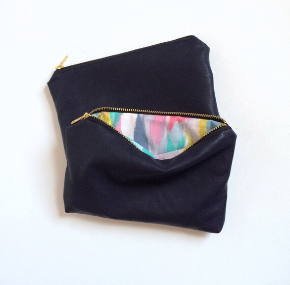 Items similar to Makeup Zip Clutch Bag // Navy Leather & Watercolor Print on Etsy