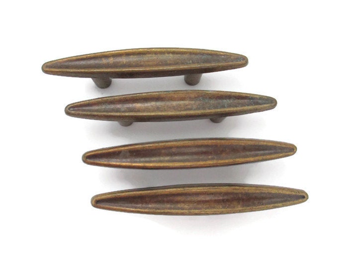 4 vintage MCM drawer pulls 1.5″ centers small brass handles Haute Juice