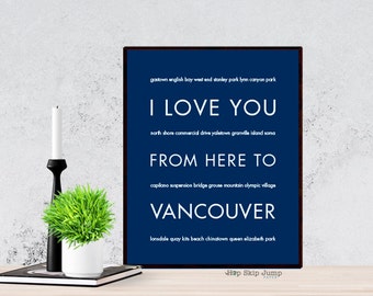 Vancouver Canada Art, Canada Gift, Travel Poster, I Love You From Here To VANCOUVER, Shown in Navy Blue