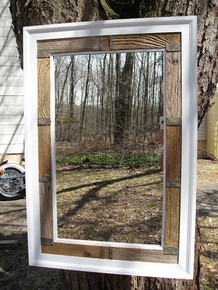 Reserved for Dimitri Large Rustic Barnwood Mirror White by Mazgear