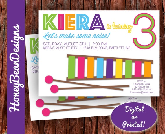 PRINTABLE Music Xylophone  Band Birthday  Invitation Girl or Boy