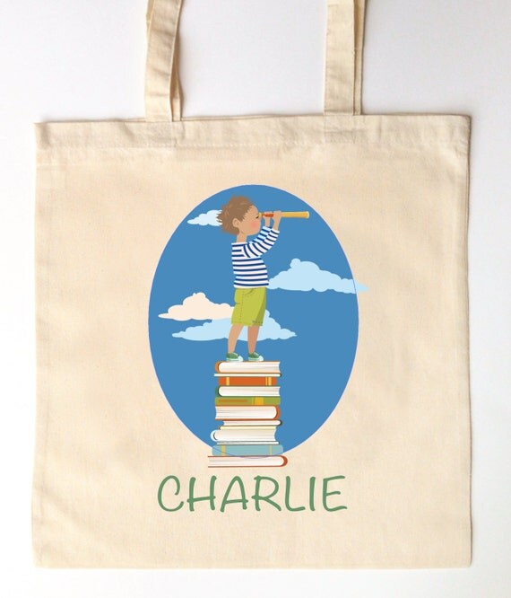 Library Tote for Kids - Custom Printed Library Book Bag - Children's Tote Bag - little boy explorer library tote book bag
