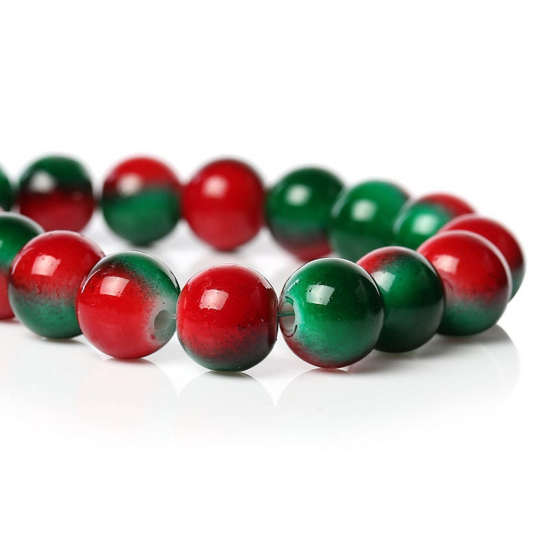 20 Red and Green Round Glass Beads 10mm Jewelry Making