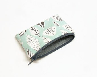 change purse coin purse zipper pouch zipper bag leaves aqua gray