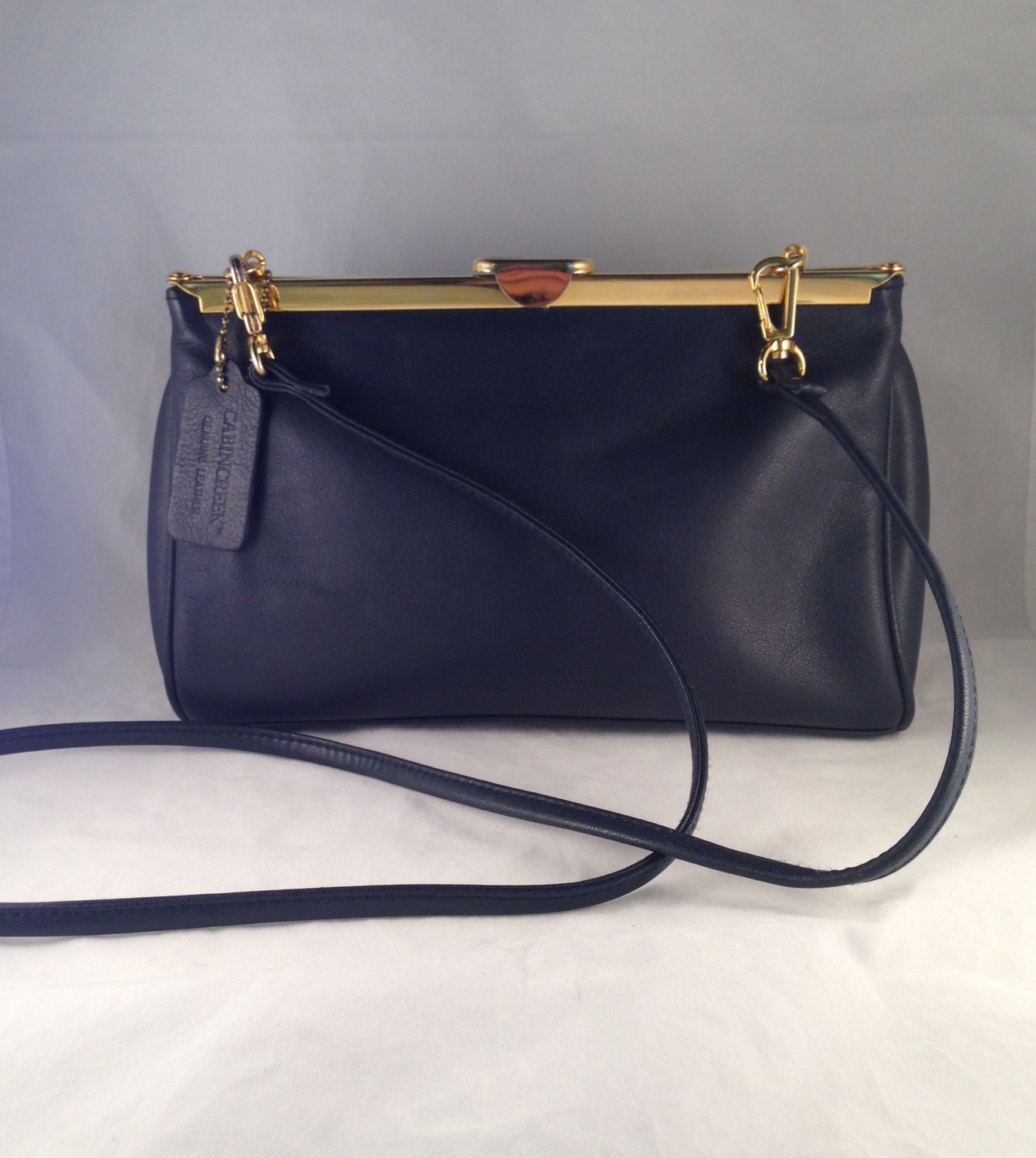 Navy Blue Leather Clutch or Cross Body Handbag by Oldtonewjewels