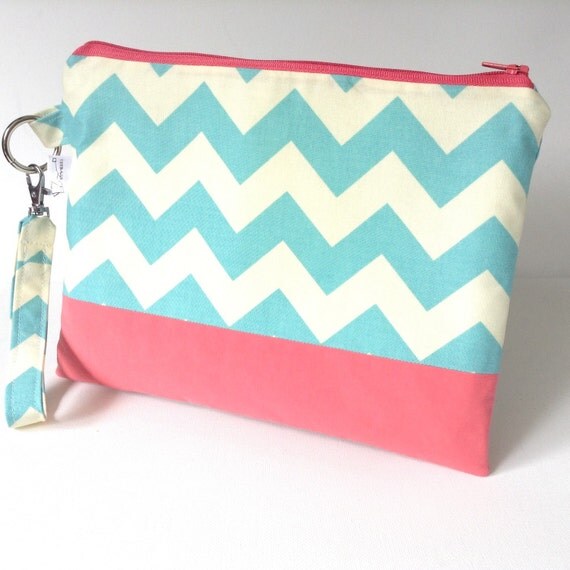 Chevron Zipper Clutch Purse in Turquoise and Cream by steepedtee